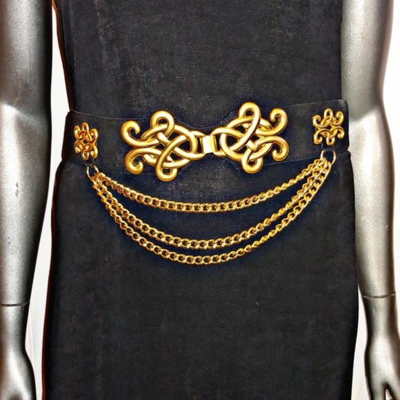 vintage Black & Gold Avignon Leather chain Belt L - Picture 2 of 6